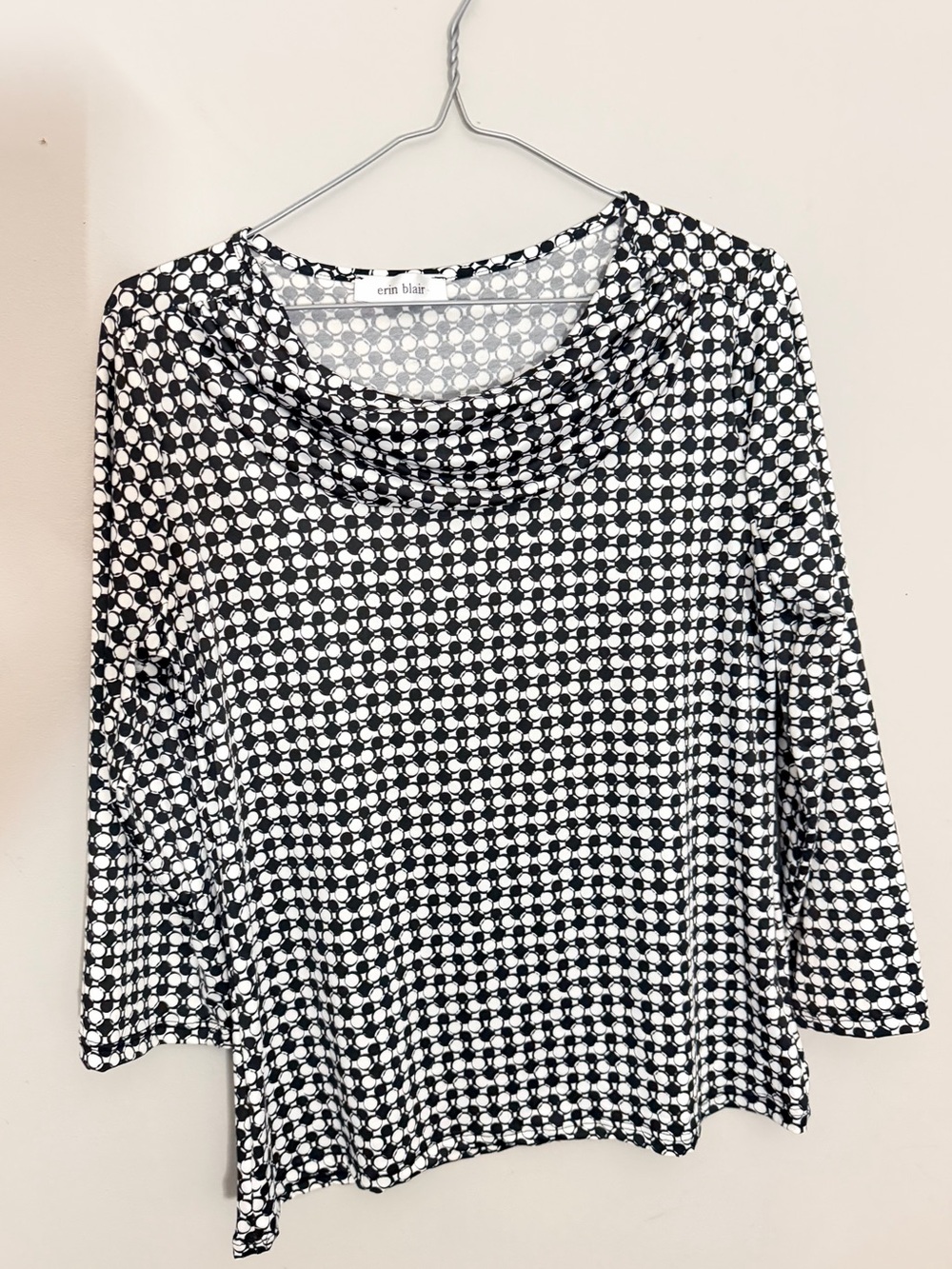 Vintage Erin Blair cowl neck top blouse black and white geometric abstract